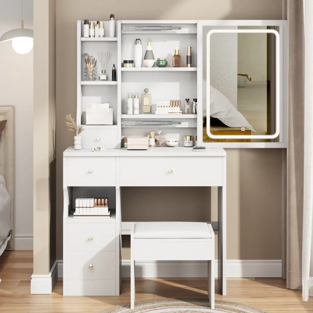 Small Space Left Drawer Desktop Vanity Table Cushioned Stool crazy elf