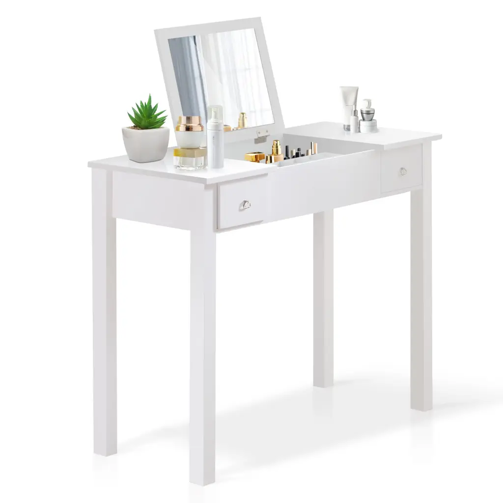 Accent White Vanity Table Flip Top Mirror and 2 Drawers Jewelry familyroom furnitures
