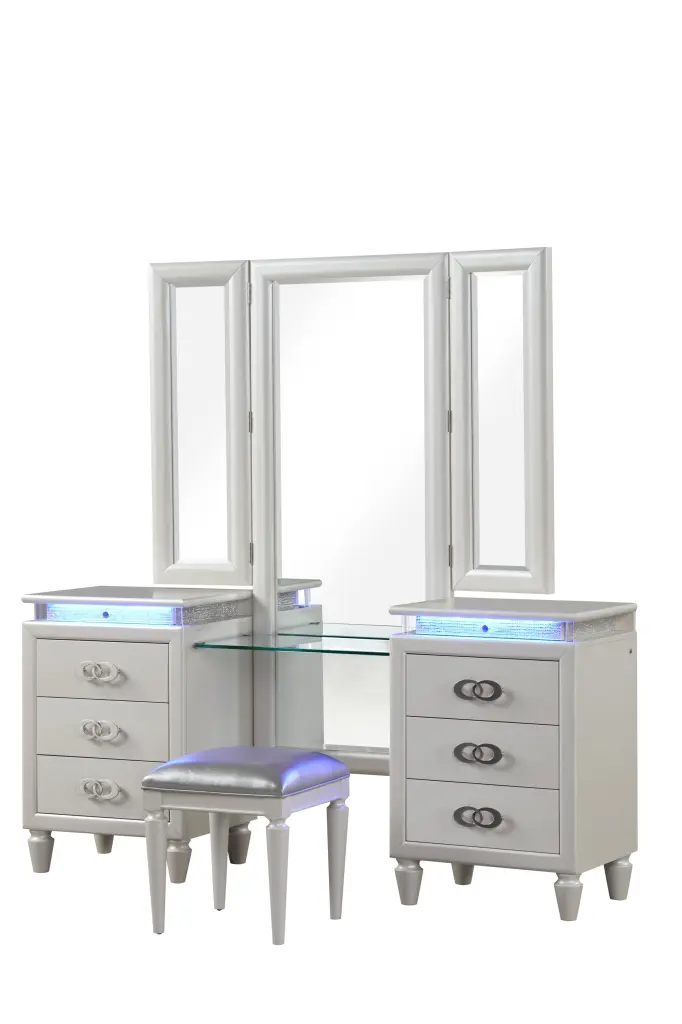 Passion LED Vanity Set Wooden Milky White Modern Bedroom Makeup Table galaxy home furnishings