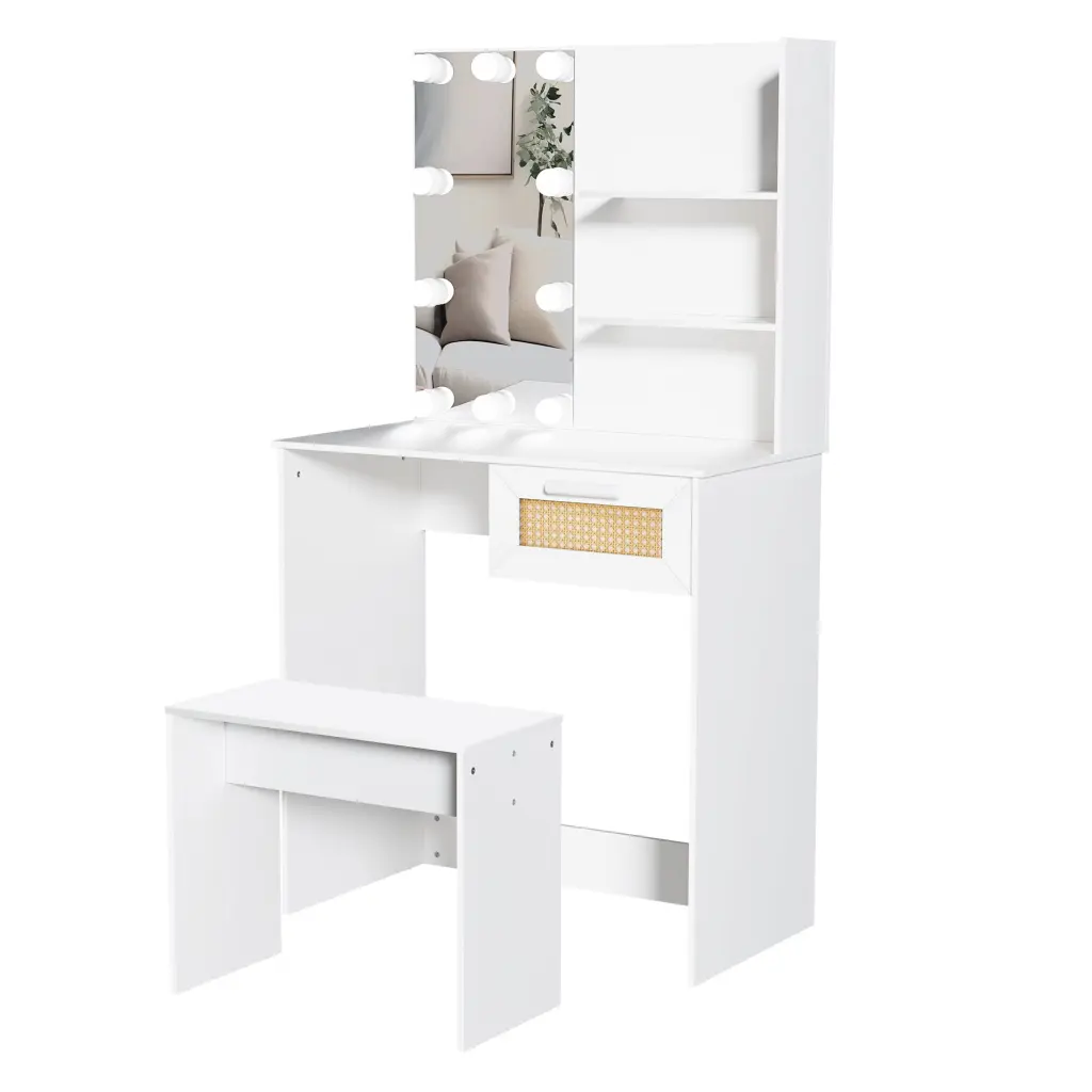 Vanity Desk Set Stool Dressing Table LED Lighting Mirror and Drawer golden walnut