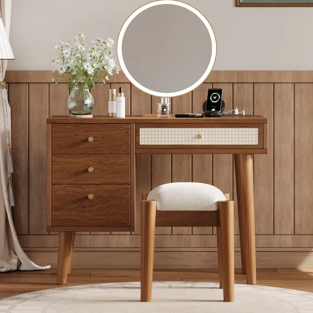 39 Inch Retro Bohemian Style Wooden Makeup Vanity Set Charging Plug homey life