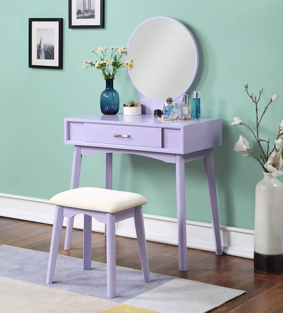 Maly Contemporary Wood Vanity and Stool Set Purple Modern Dressing Table Bedroom hz