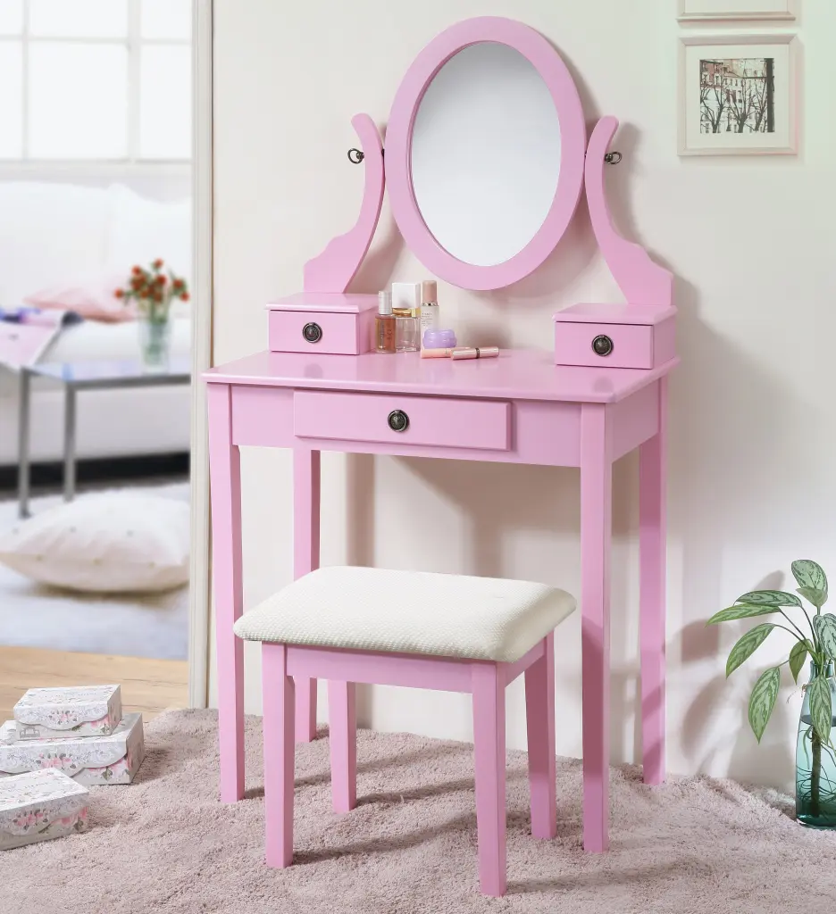 Moniys Wood Makeup Vanity Table and Stool Set Pink Bedroom hz