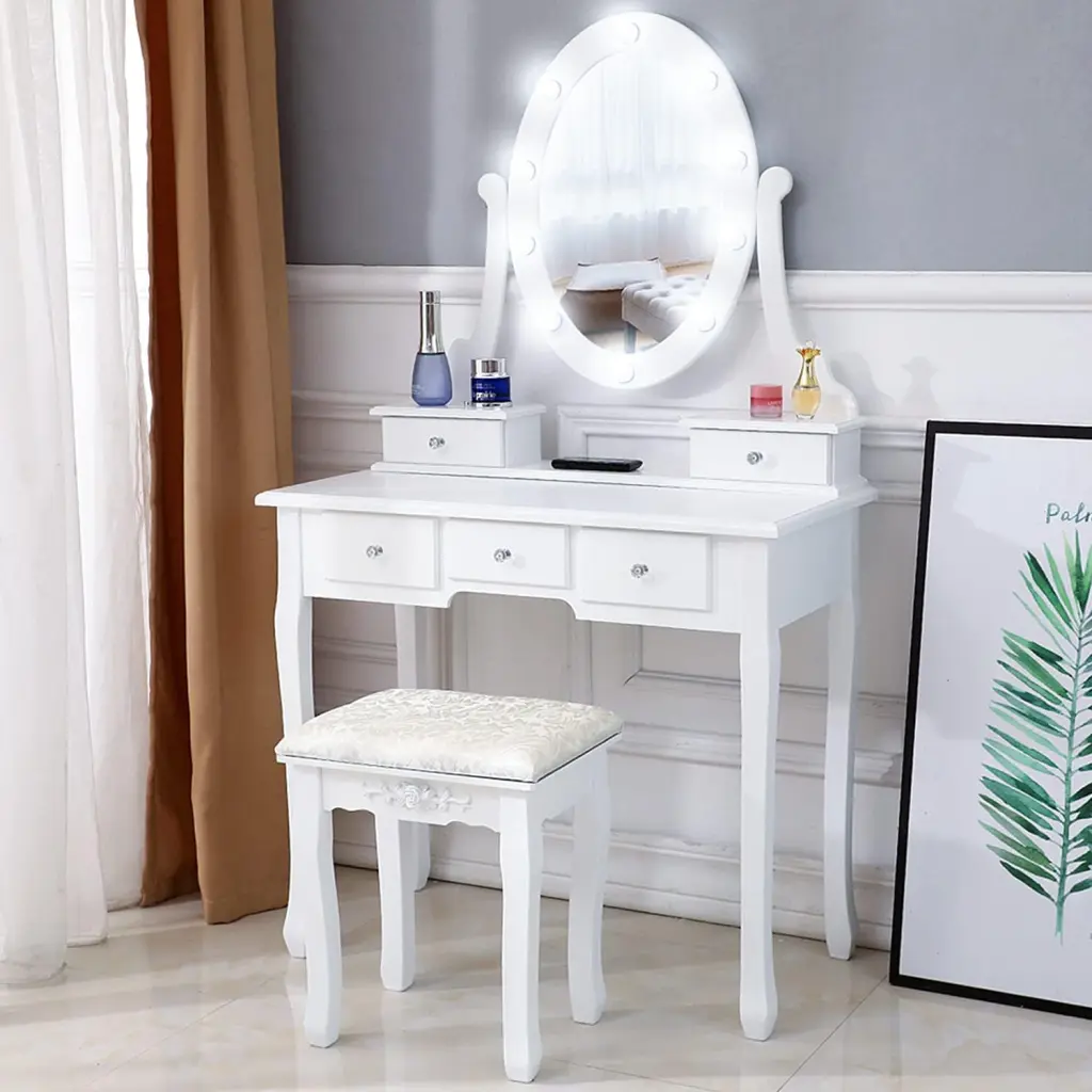 Vanity Desk And Stool Set LED Mirror And Table Set Small Makeup Dressing Station