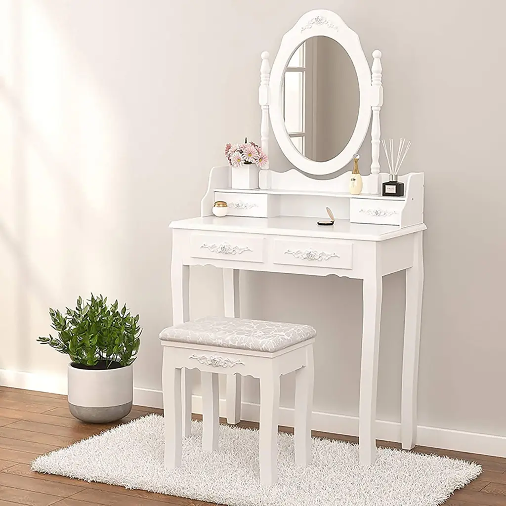 Vanity Table Set 4 Drawers and Cushioned Stool Girls makeup