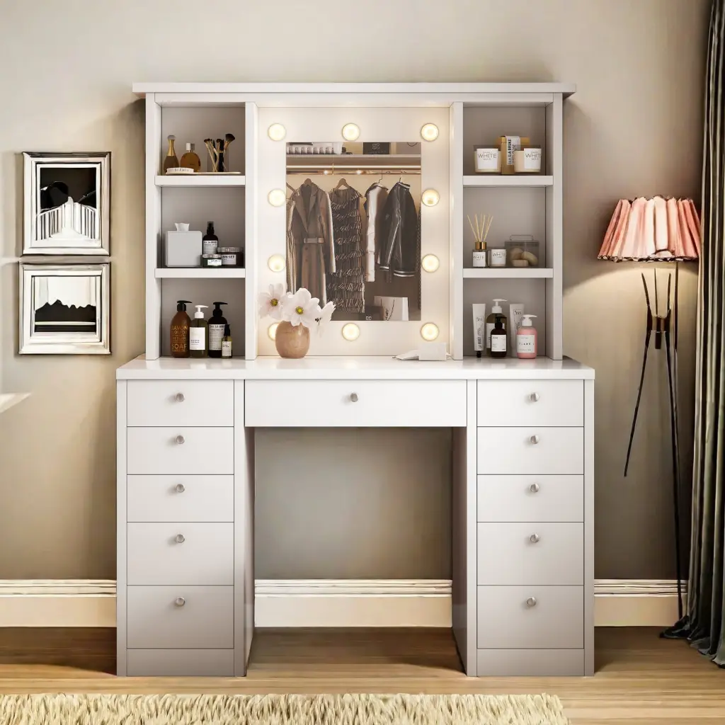 Vanity Desk LED Lighted Mirror Makeup Vanity 11 Drawers montary