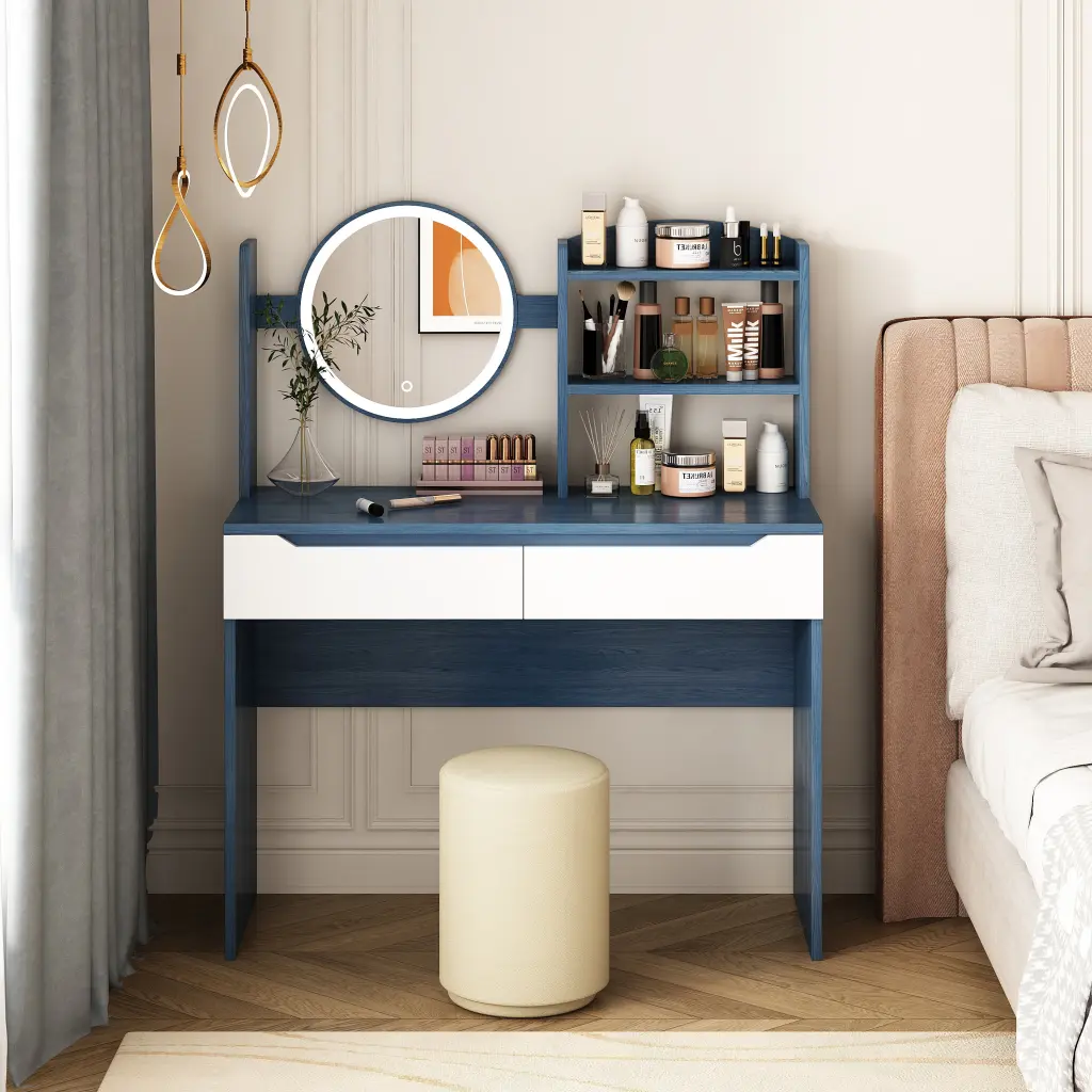 Table Set HD Mirror Cushion Stool And Large Drawers Mini Makeup Desk noble ease home