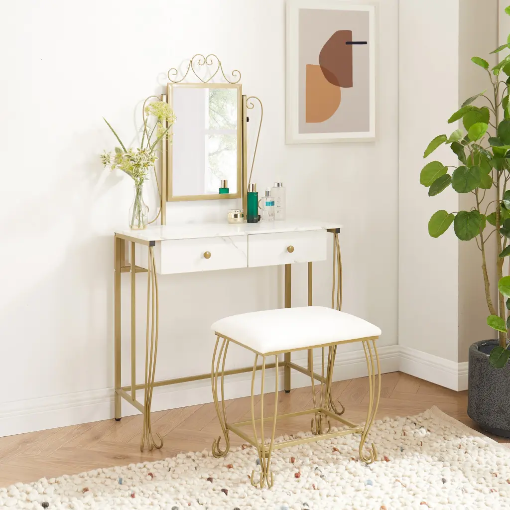 Vanity Mirror Table Set Makeup Desk Stool Vintage Bedroom rnb