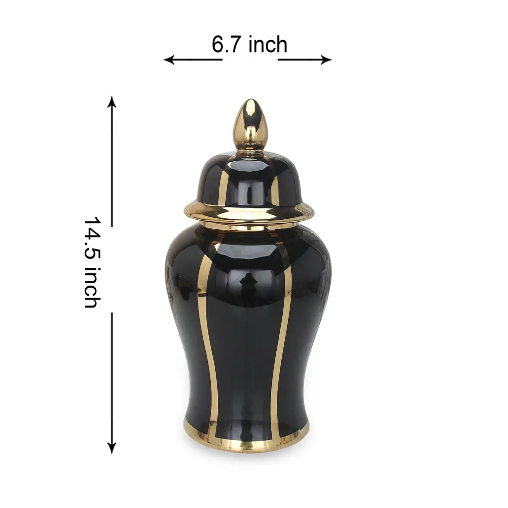 Black Linear Gilded Ginger Jar Removable Lid Ceramic furnings