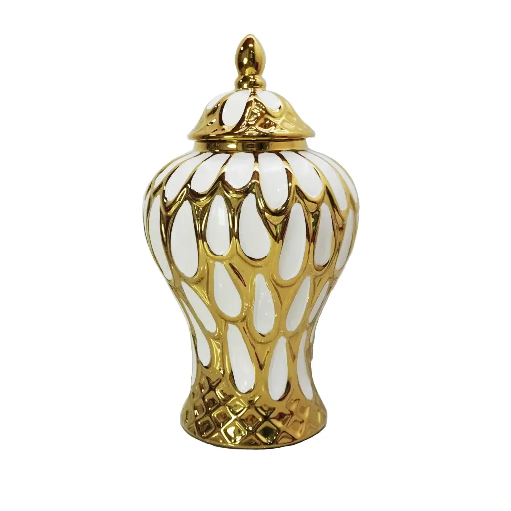 Alluring White And Gold Ginger Jar Removable Lid White Ceramic Decorative Vase furnings