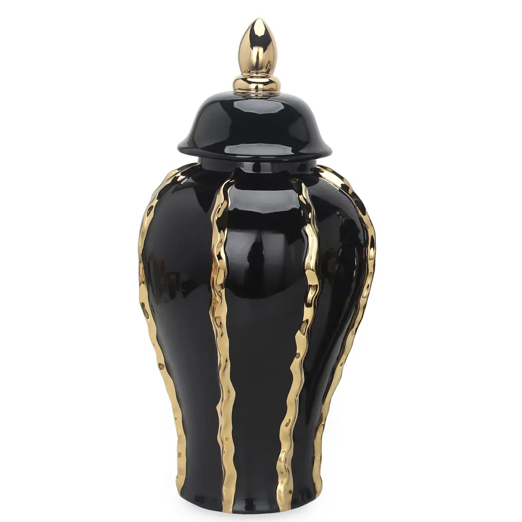 Elegant Black Ceramic Ginger Jar Vase Gold Accents And Removable Lid furnings
