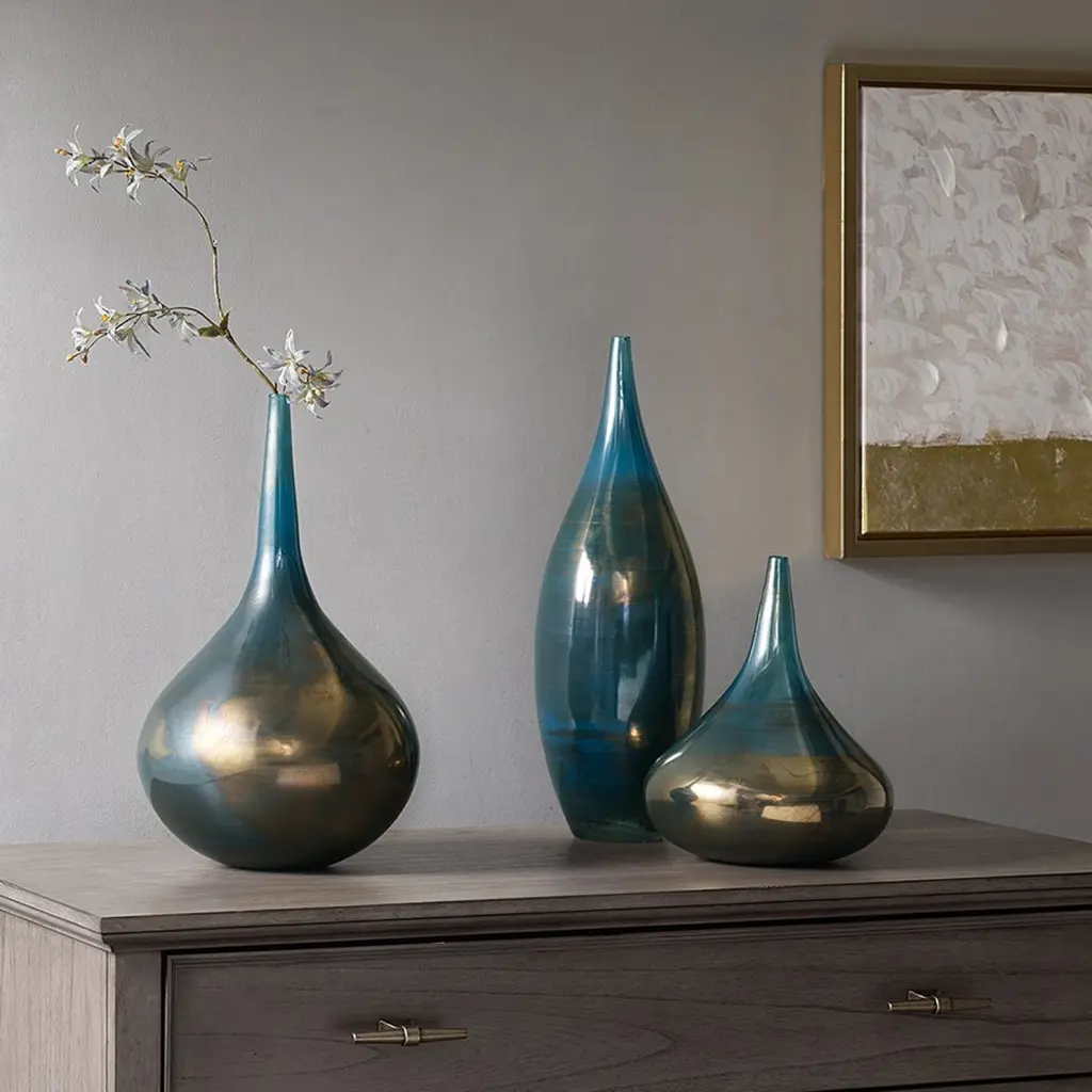 Blue And Bronze Decorative Glass Vases 3 Piece Set jla