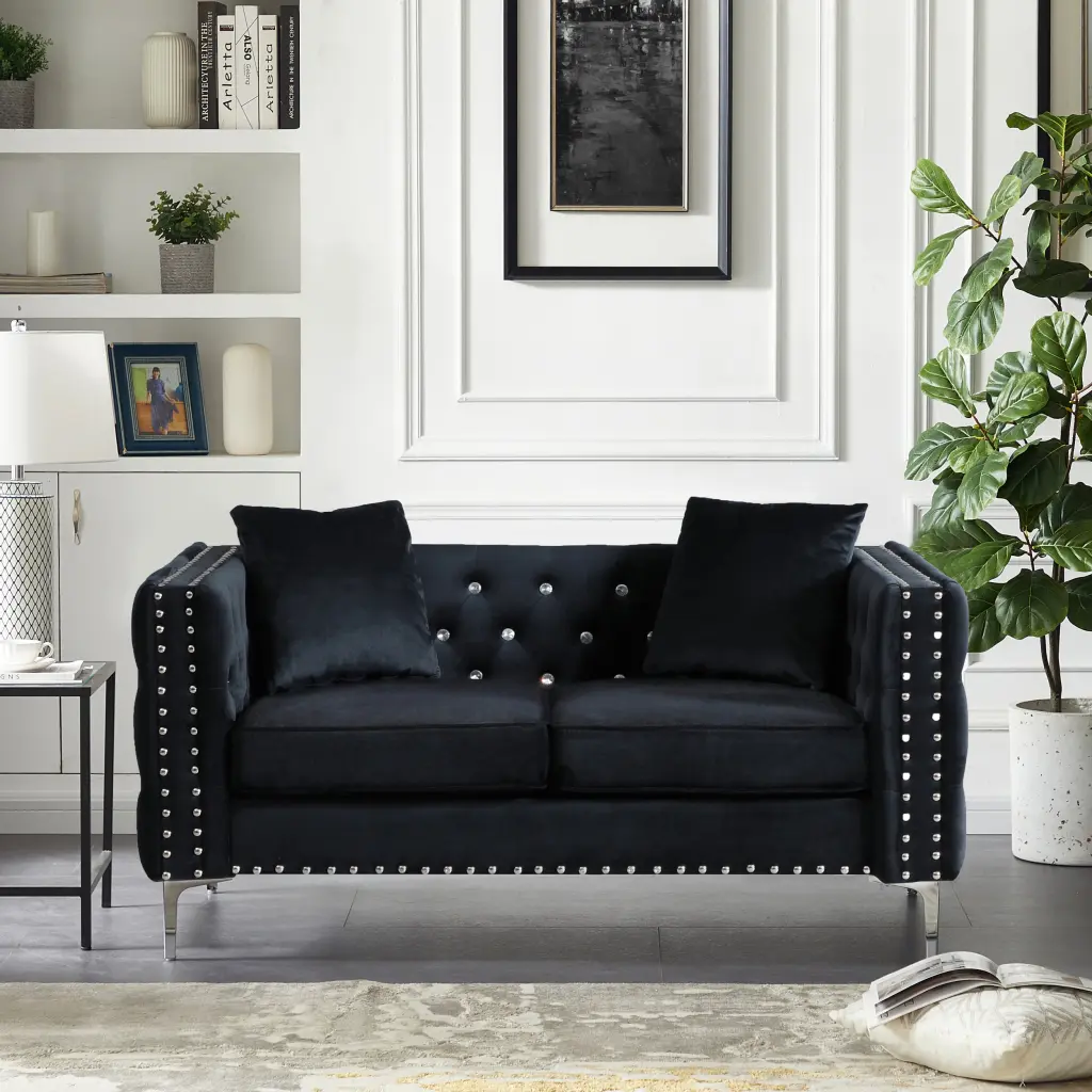 59.4 Inch Wide Black Velvet Sofa Jewel Buttons Square Arm 2 Piece Set aijiafurniture