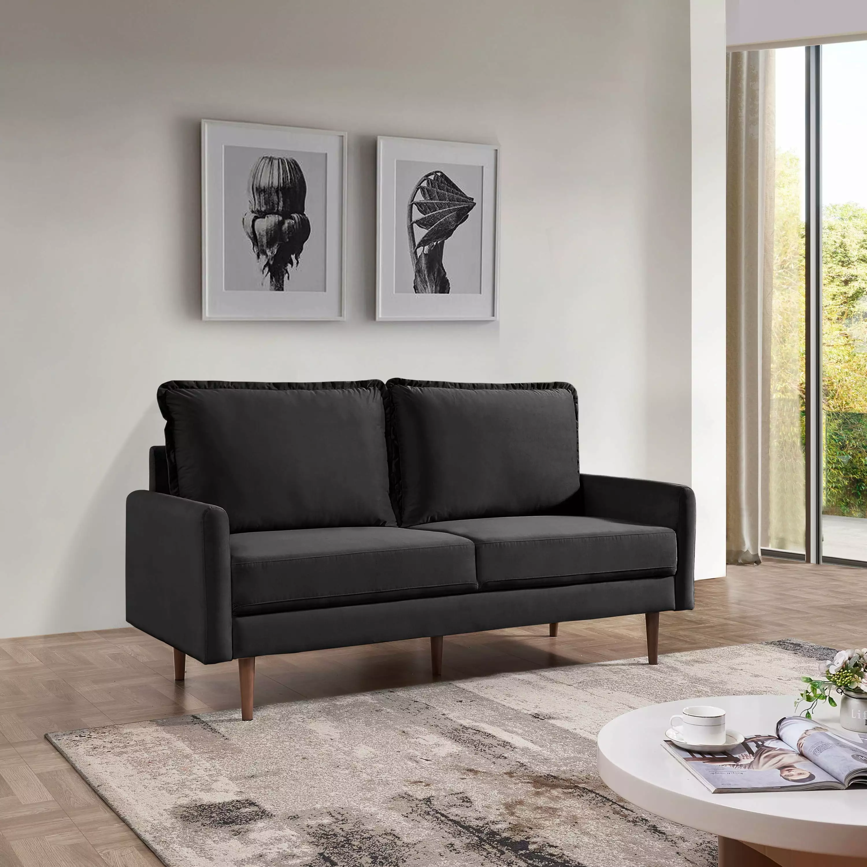 69 Inch Wide Upholstered Two Cushion Sofa Cambered Arms Black Velvet OS Home & Office Furniture