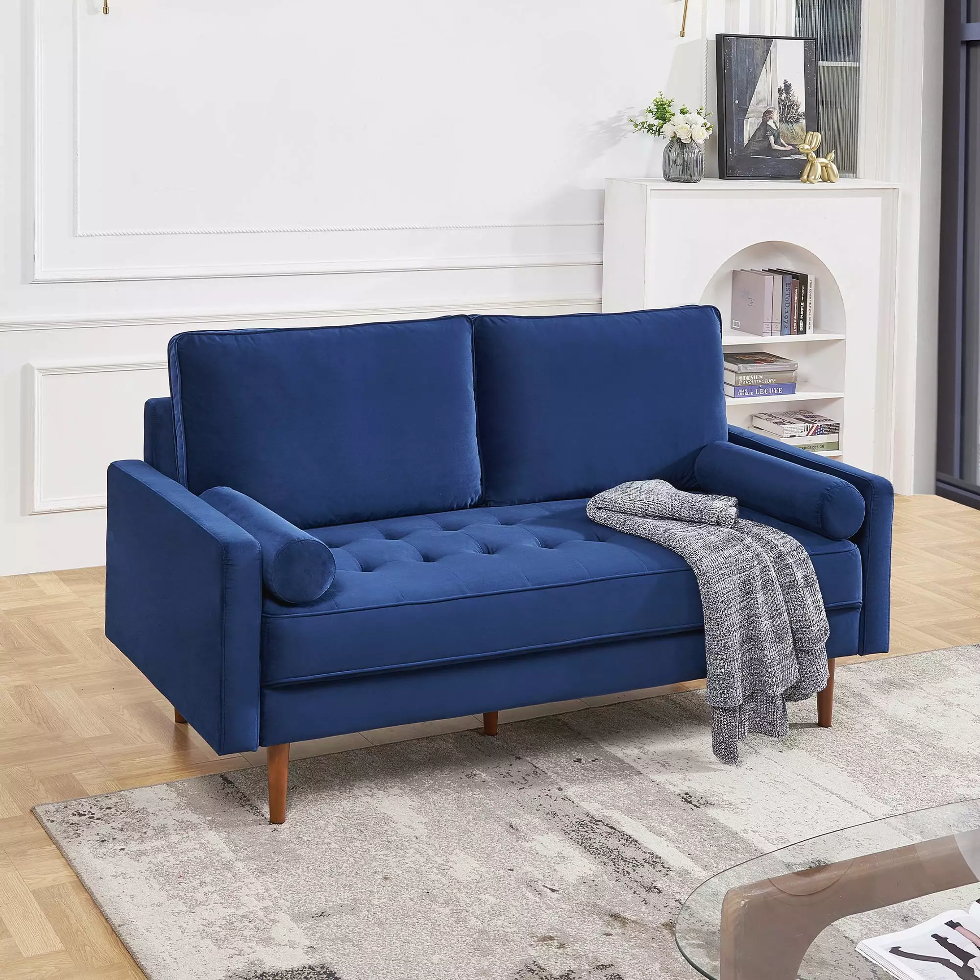 69 Inch Wide Upholstered Two Cushion Sofa Bolster Pillows Blue Velvet OS Home & Office Furniture