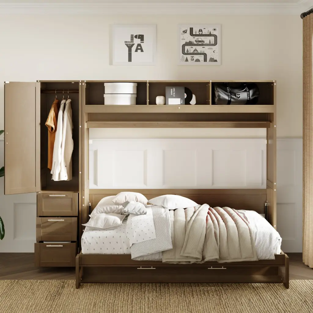 Full Size Murphy Bed Wardrobe Drawers and Open Shelves Antique Finish wm store