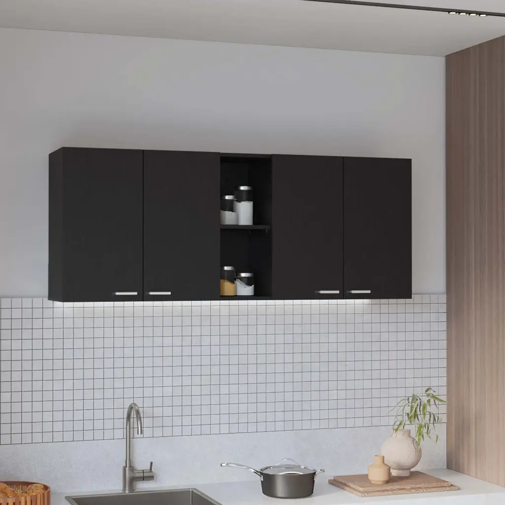 Menlo 59 Inch Four Swing Door Wall Cabinet Black Wengue furniture max