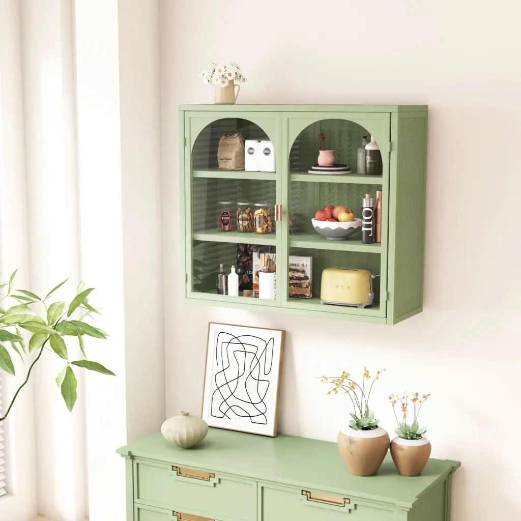 27.56 Inch Glass Doors Modern Two Door Wall Cabinet Three Tier Shelves rnb