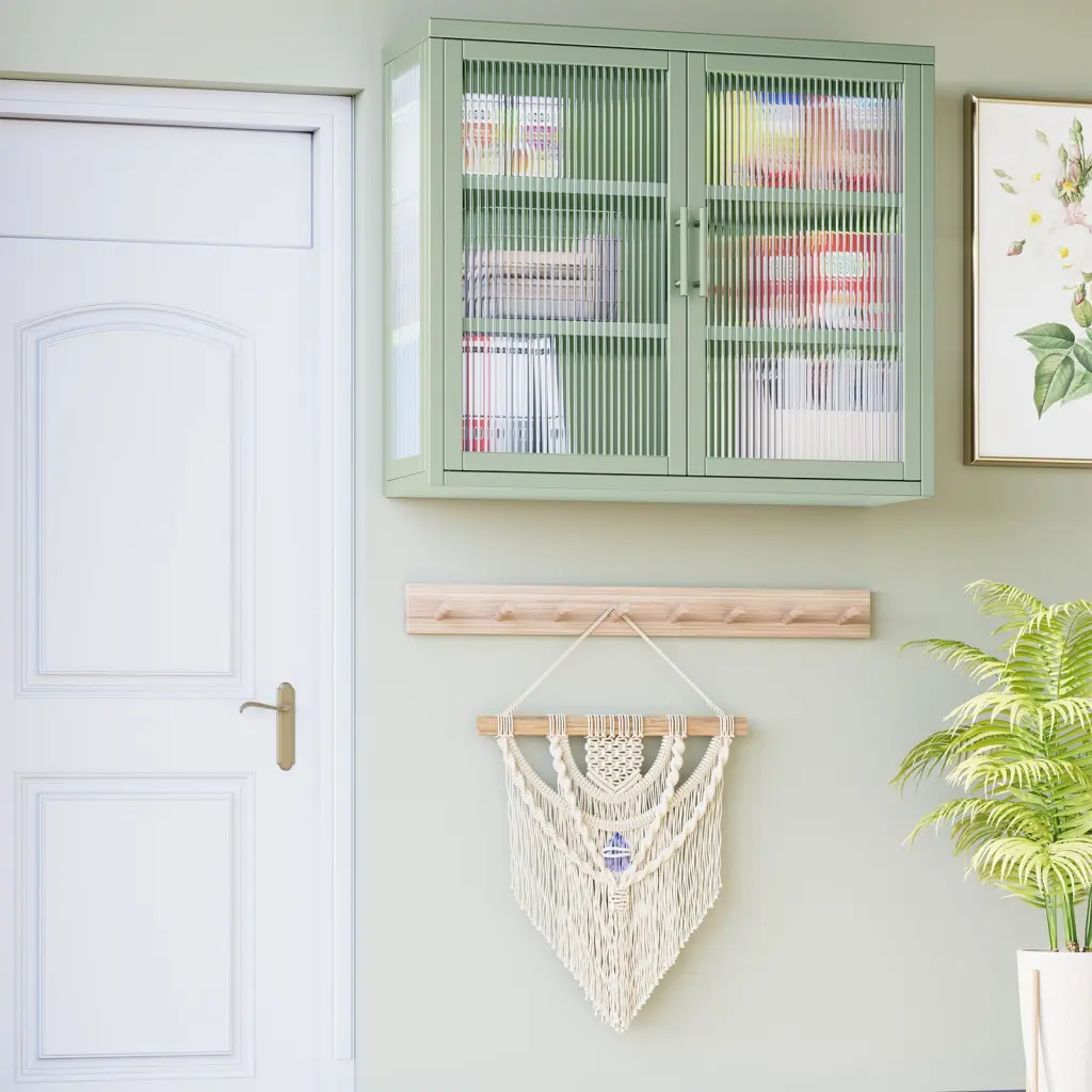 Retro Style Haze Double Glass Door Wall Cabinet Detachable Shelves rnb