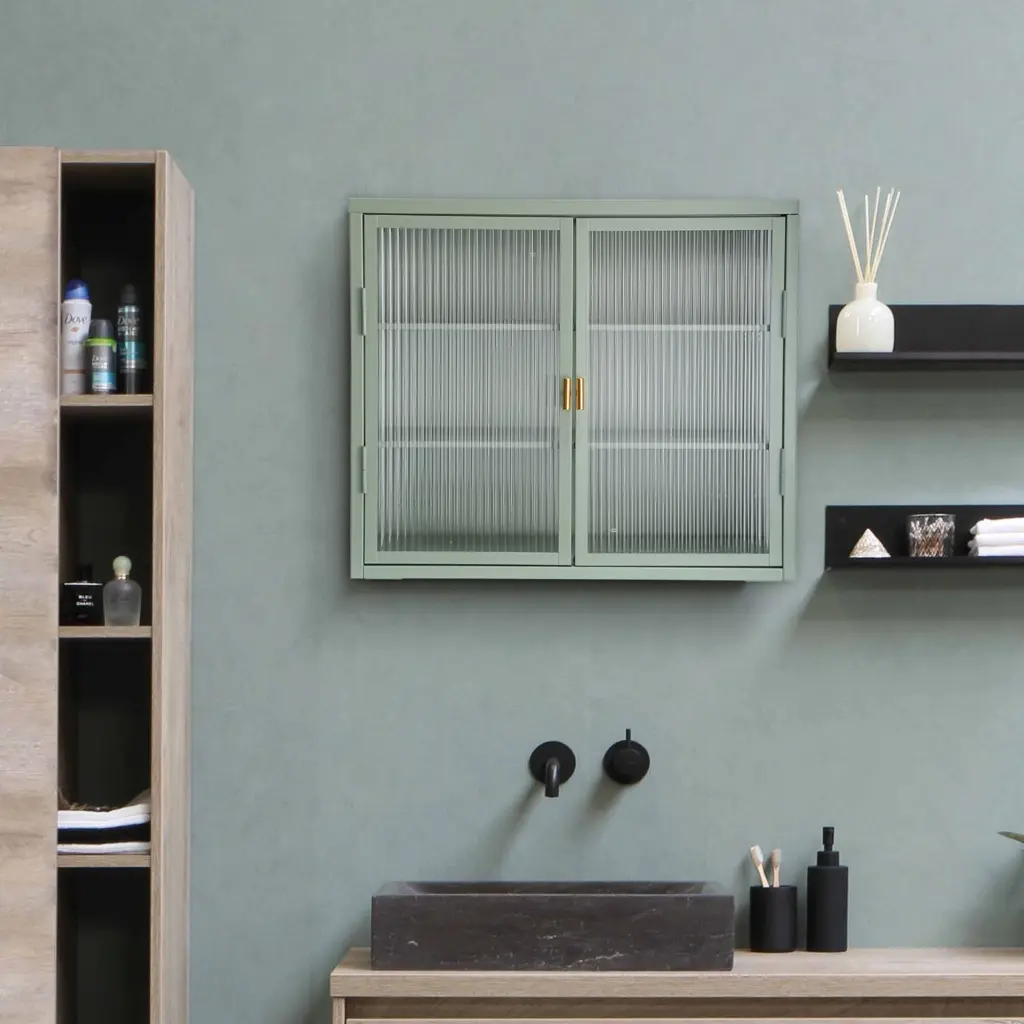 Retro Style Haze Double Glass Door Wall Cabinet Detachable Shelves rnb