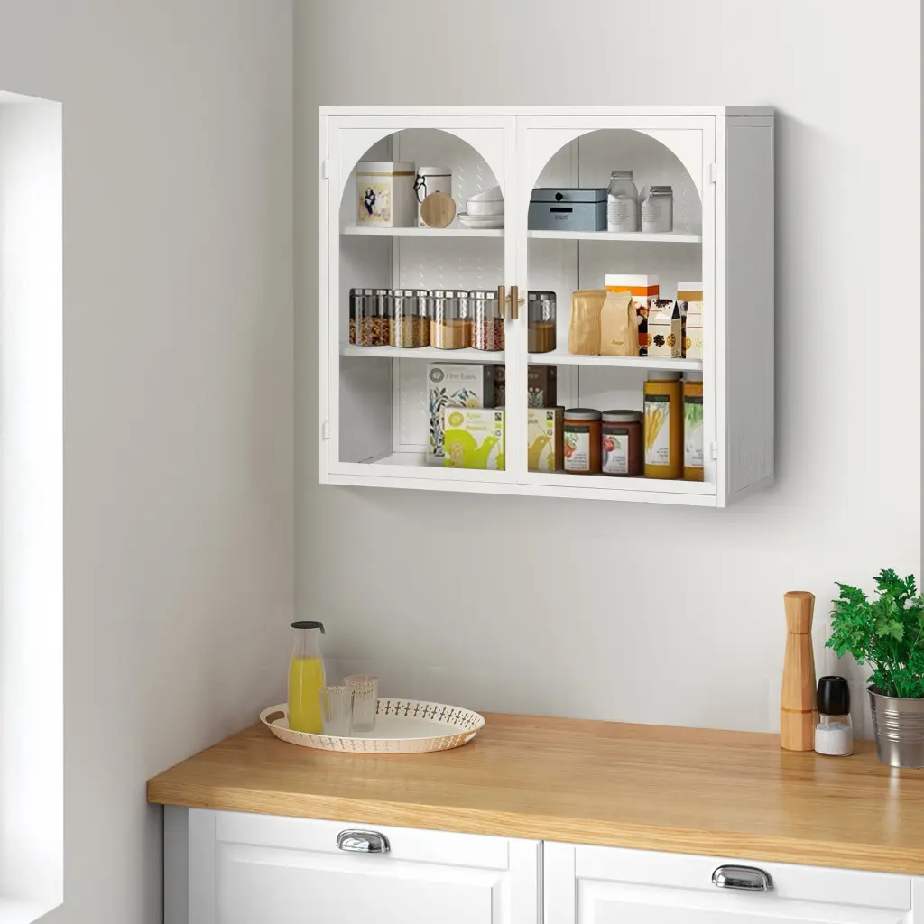27.56 Inch Glass Doors Modern Two Door Wall Cabinet Three Tier Shelves spribung