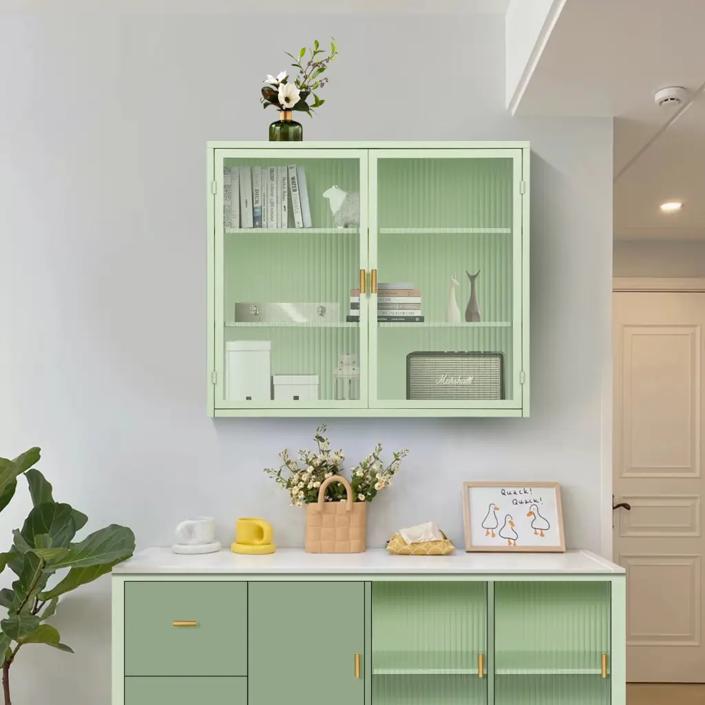 27.56 Inch Glass Doors Modern Two Door Wall Cabinet Three Shelves spribung