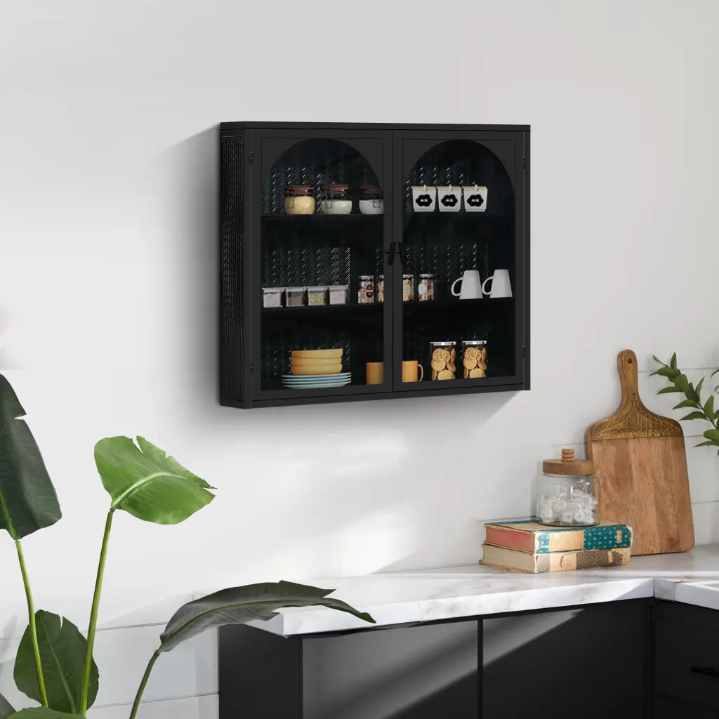 27.56 Inch Glass Doors Modern Two Door Wall Cabinet Three Tier Shelves spribung