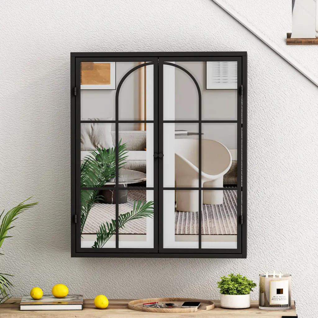 Vintage Two Door Wall Cabinet Mirror Three Level Storage spribung