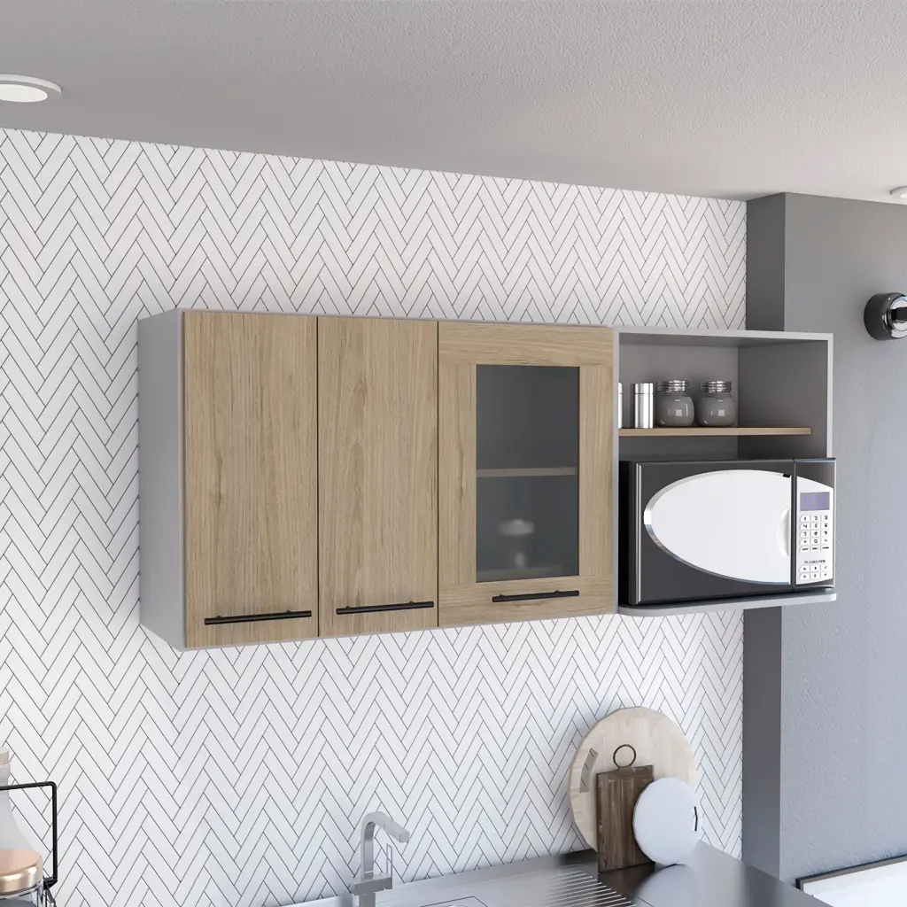 Hasselt Double Door Wall Cabinet Glass and Rack Light Pine Beige tuhome