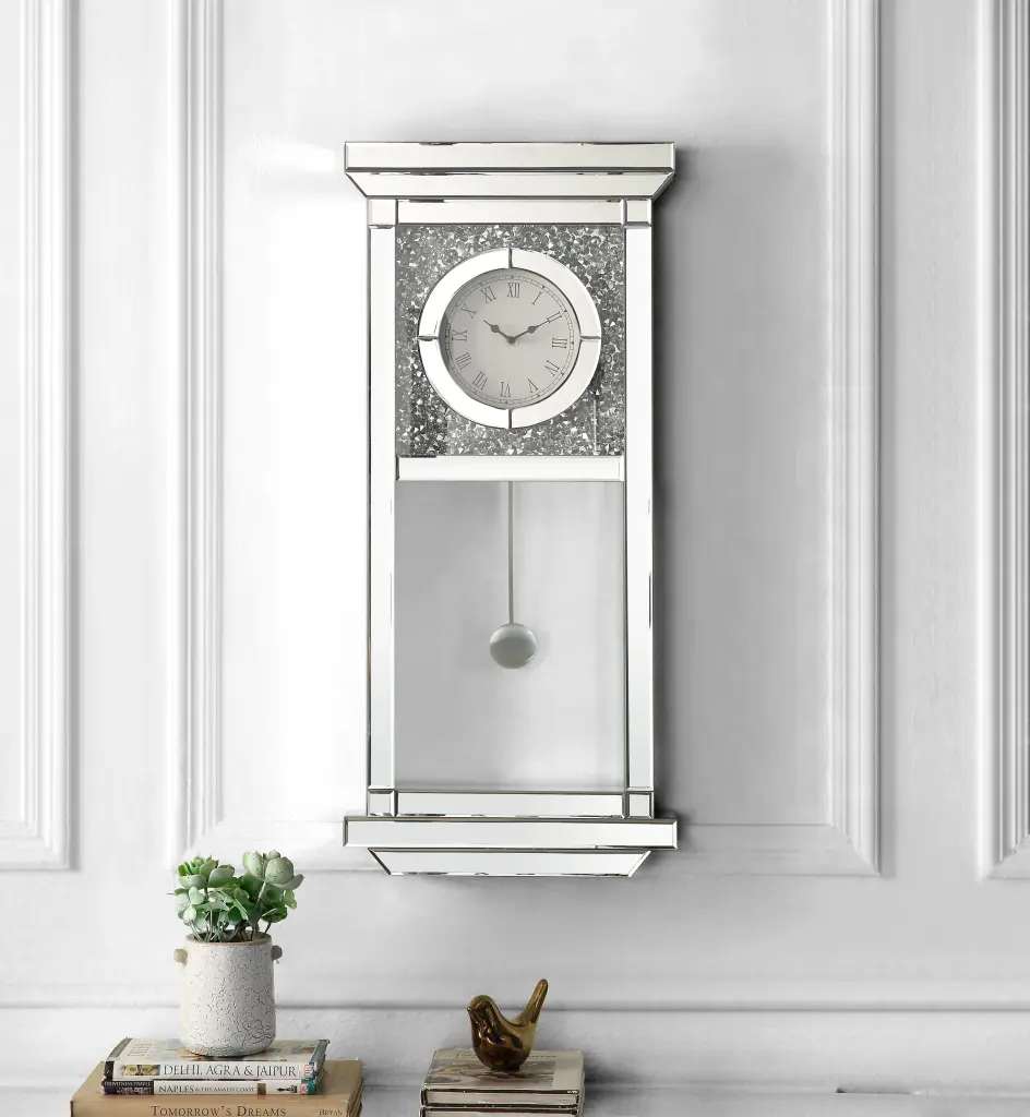 Noralie Wall Clock Mirrored Finish and Faux Diamonds Silver Glass acme onsite store