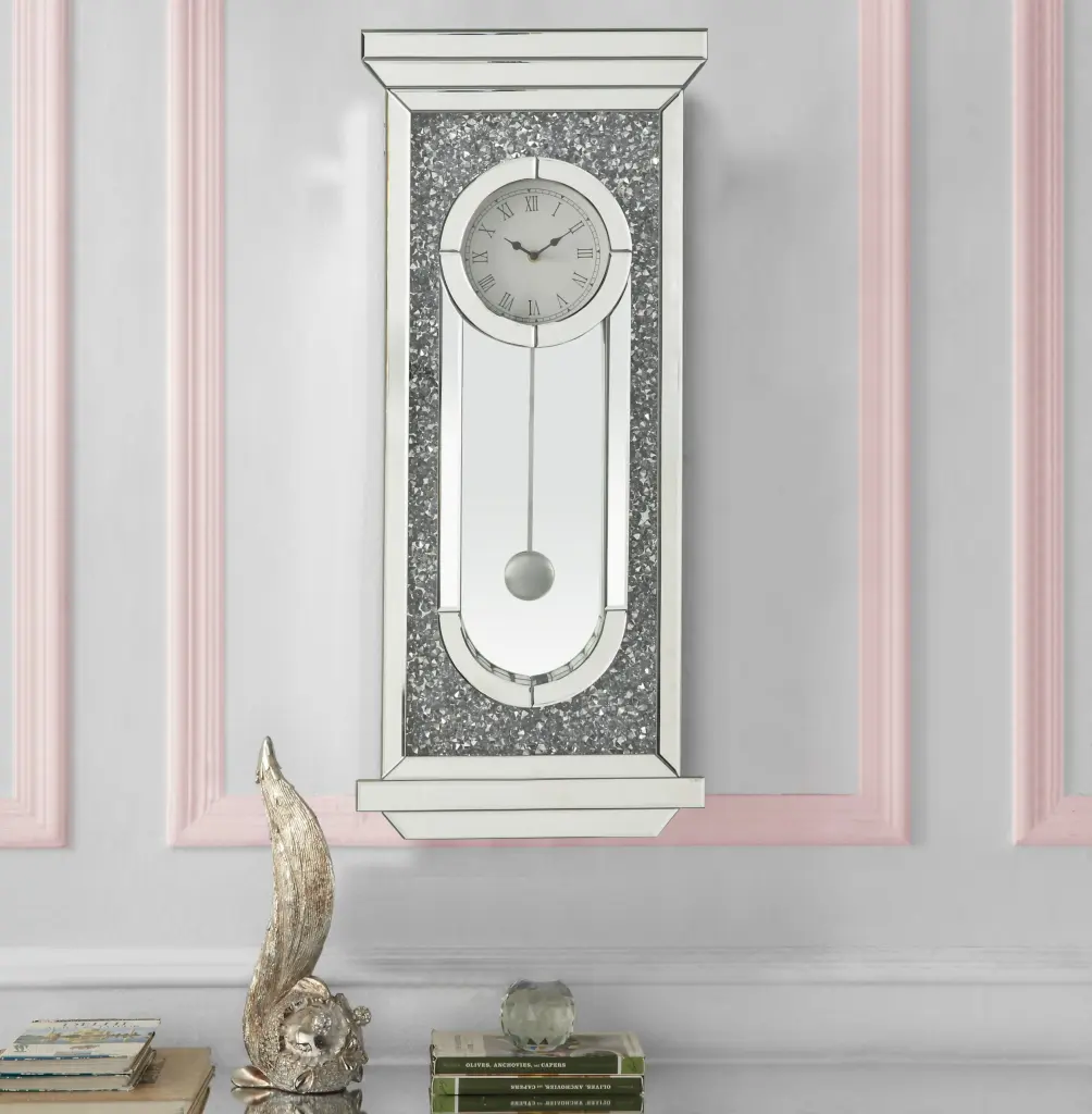 Noralie Wall Clock Mirrored Frame and Faux Diamonds AC00422 Silver Glass acme onsite store