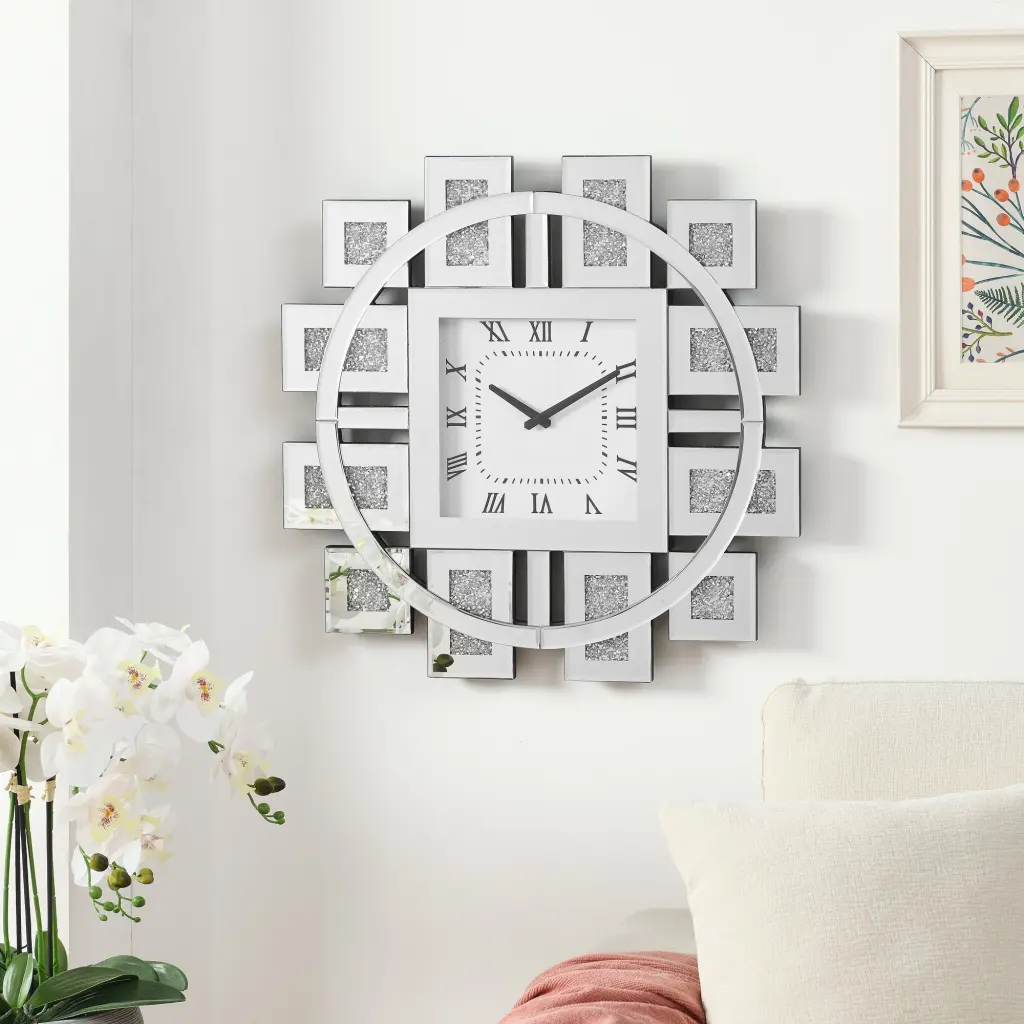 Wall Clock Mirrored Faux Gemstones Silver American Design Acrylic Decorative Clock kai lee- mirror arts-furniture factory