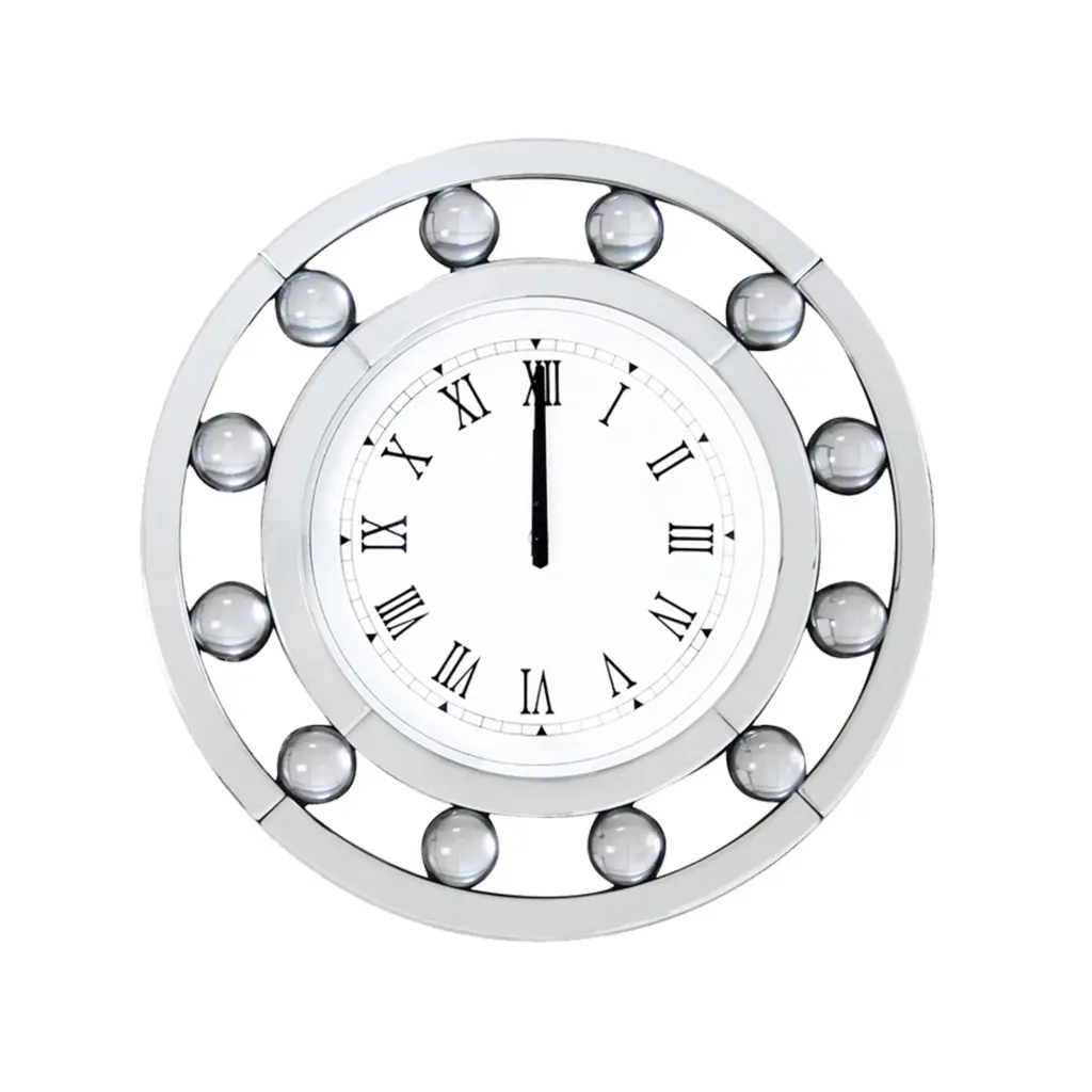 Mirrored Round Wooden Wall Clock White Engineered Wood Frame royal hampton