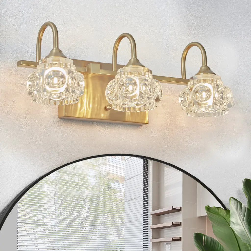 Modern Crystal Bathroom Vanity Light 3 Light Golden Wall Sconce Fixture lighting commune