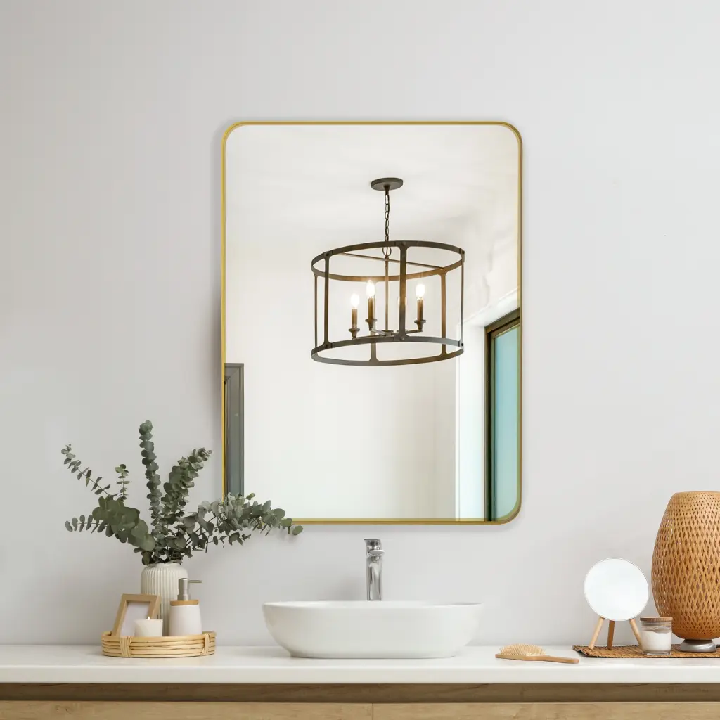 24X36 Inch Golden Rectangular Wall Mirror Metal Framed fs furniture