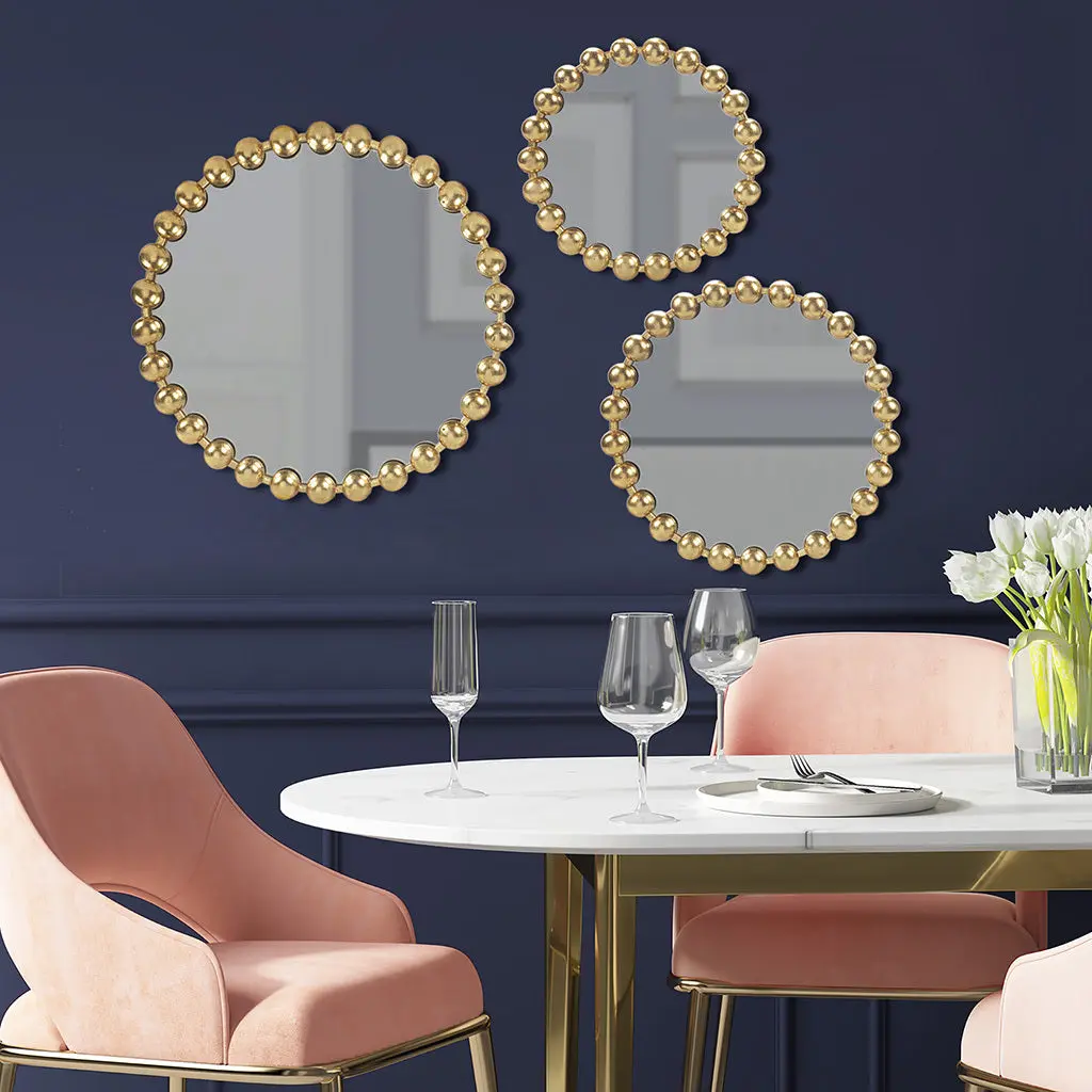 Gold Beaded Round Wall Mirror 3 Piece Set Gold MDF jla
