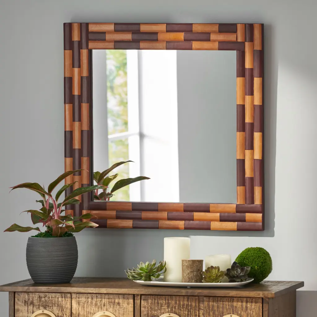 Wall Mirror Square Tc Goat Leather Antique Yellow Mdf Home Decor Mirror nh-home living
