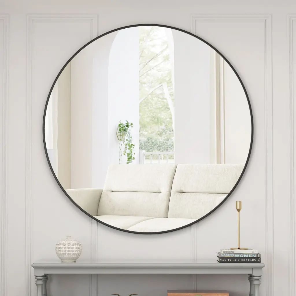 39 Inch Black Circular Wall Mirror Metal Framed Round Vanity Mirror rnb