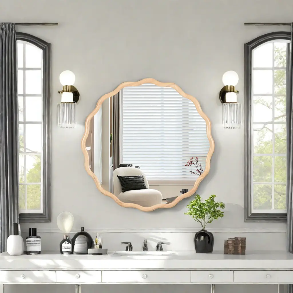 Solid Wood Wavy Mirror Natural Wood Vanity Mirror Wall Decor 42 X 42 Inches rnb