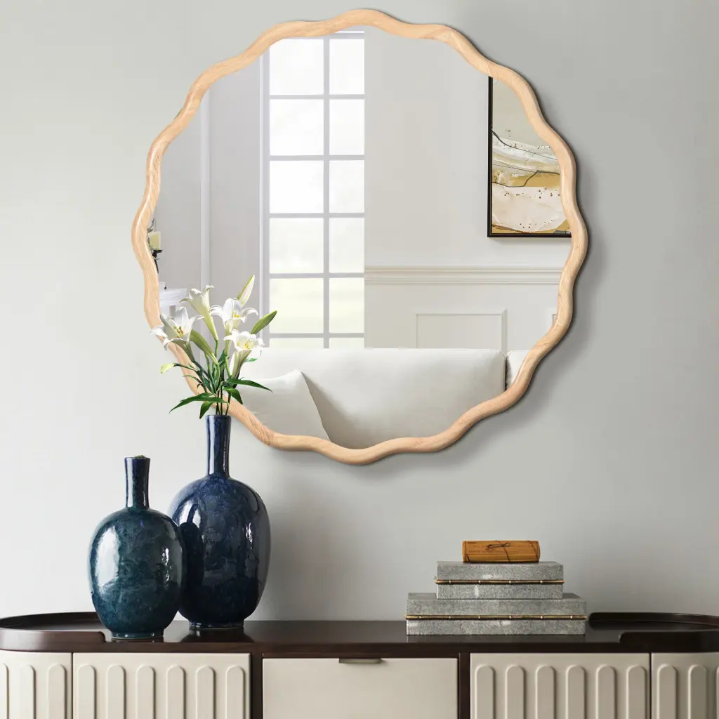 Solid Wood Wavy Mirror Natural Wood Vanity Mirror Wall Decor 36 X 36 rnb