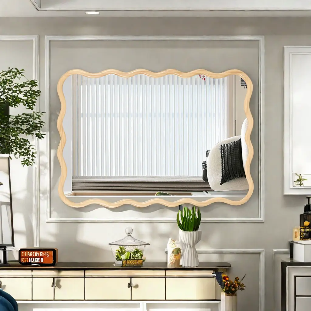 Solid Wood Wavy Rectangle Mirror Natural Wood 40 X 28 Inches Modern Mirror rnb