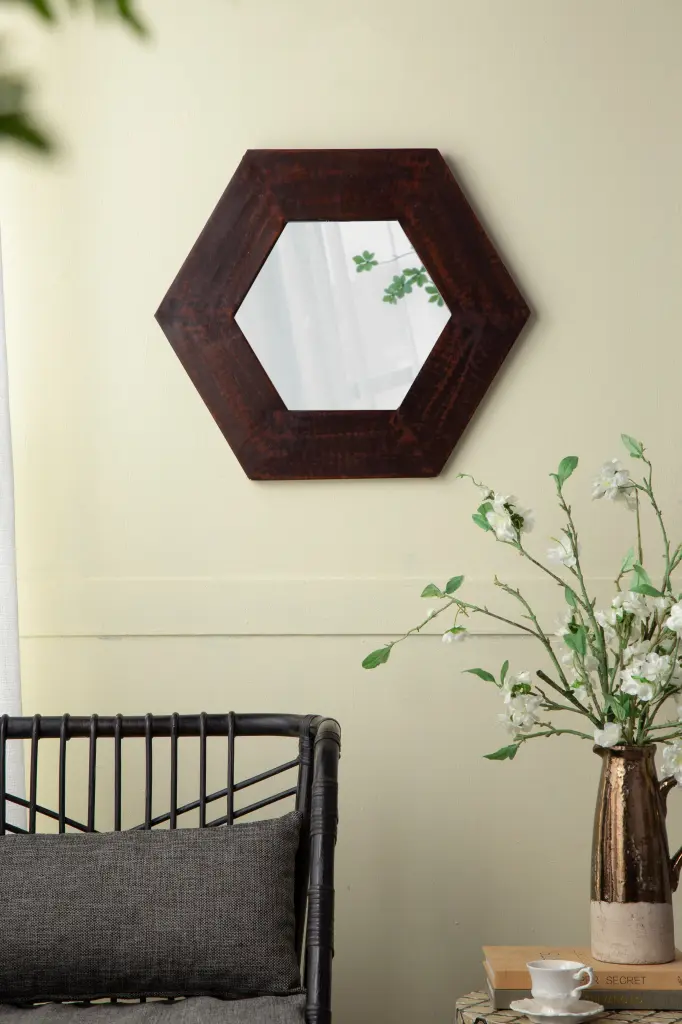 18.5 Inch Hexagon Mirror Solid Wood Frame Living Room Wall Decor w2078