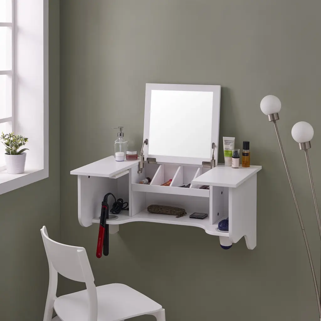 Wall Mount Ledge Vanity Mirror - Transitional Style White MDF Frame sei