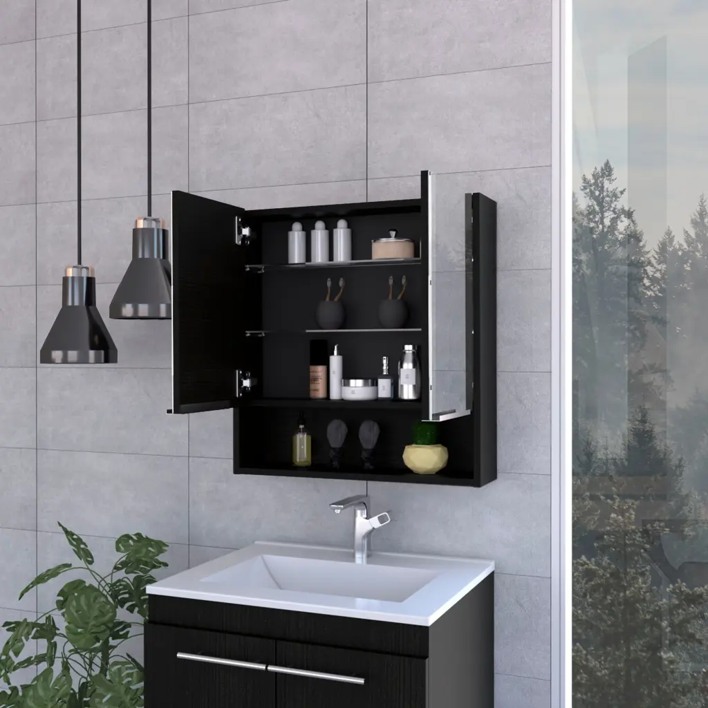 Medicine Cabinet Mirror Lexington Three Internal Shelves Black Wall Mount treevol furniture