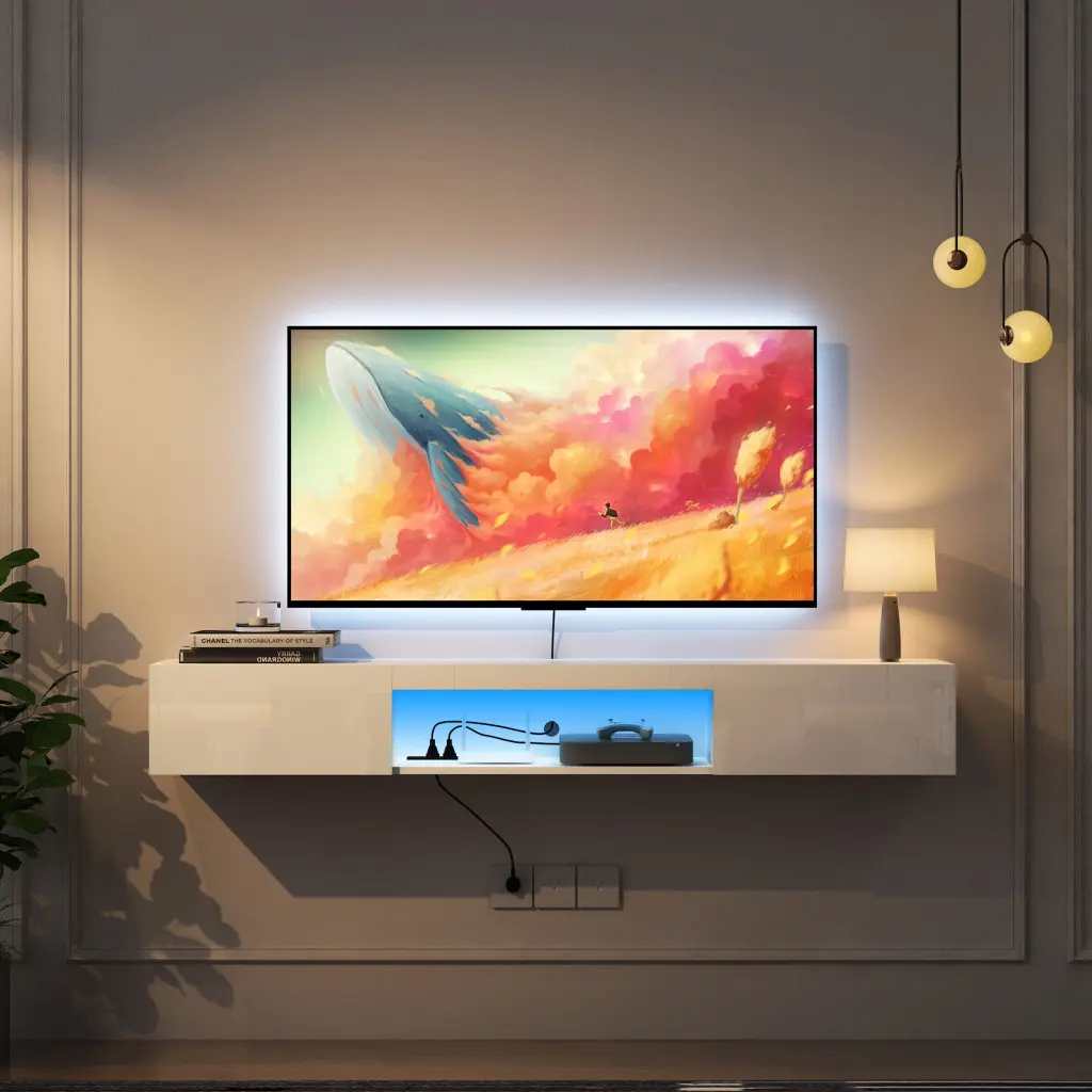 Floating TV Stand Wall Mounted 20 Color LEDs 63 Inch Modern Stand dasenwood