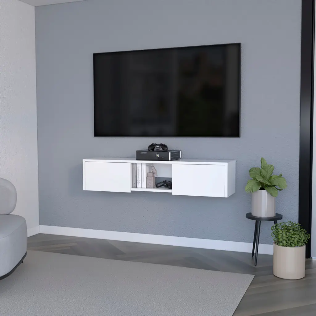Tabor Floating TV Stand Wall Unit 2 Doors and Open Shelf White fm furniture