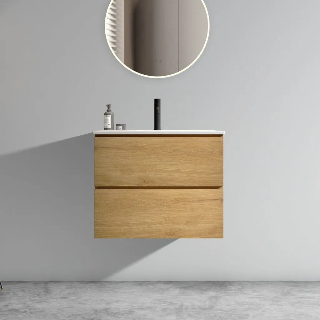 Wall Mount 24 Inch Natural Oak Bathroom Vanity Ceramic Sink - Space Saving Design abay home
