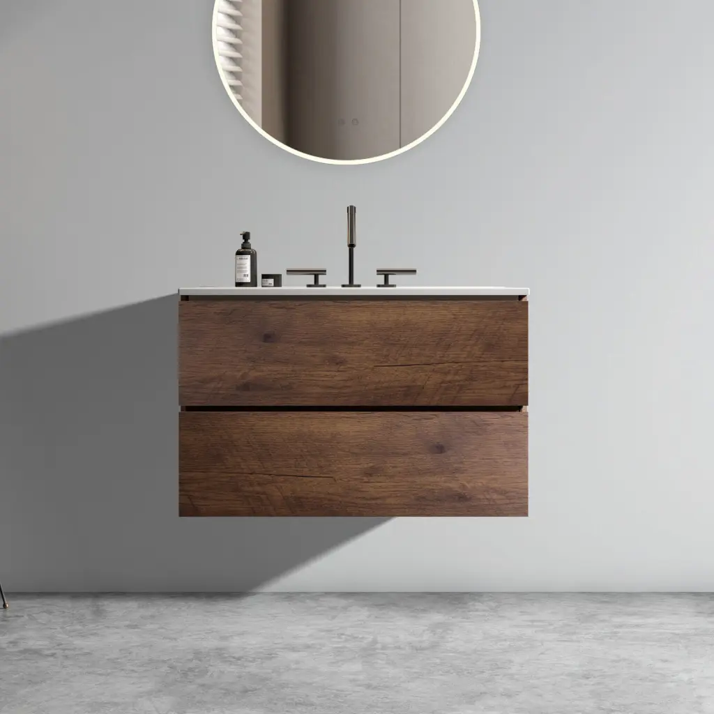 Wall Mount 30" Walnut Bathroom Vanity Ceramic Sink And Three Faucets abay home