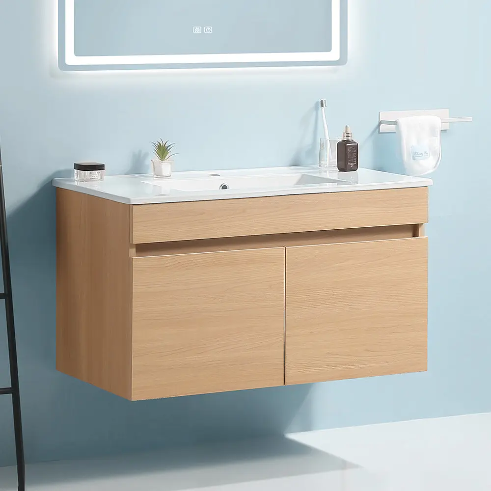 30 Inch Wall Mounted Bathroom Vanity White Ceramic Basin Two Soft Closing Doors gf