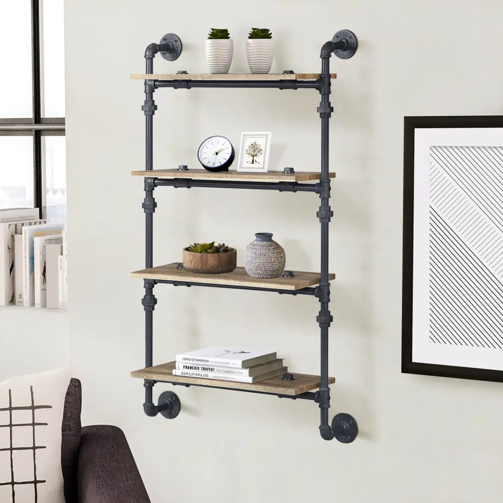 Oak And Sandy Black Rectangle 4 Tier Wall Shelf Natural Black Primary Storage furniture max